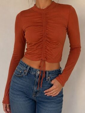 Ruched Long-Sleeve Crop Top in Rust